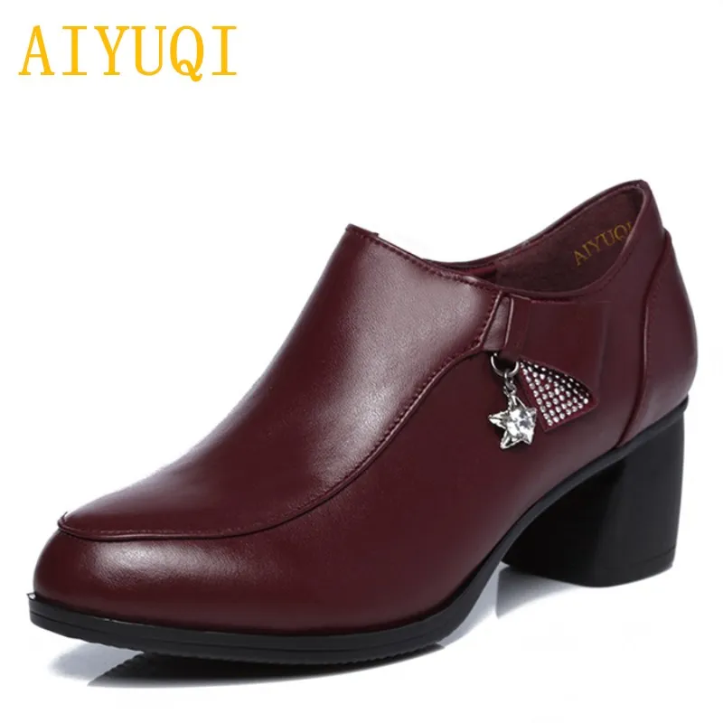 

AIYUQI women wedding hid heel shoes 2019 autumn new genuine leather women's shoes fashion rhinestones business dress shoes