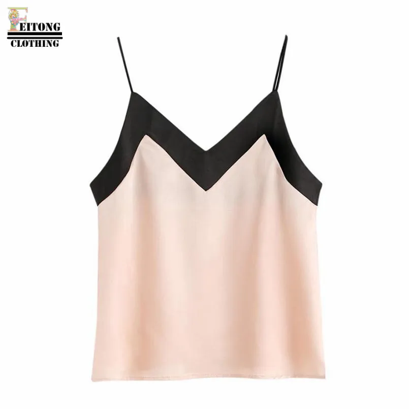 

FEITONG 2019 Fashion Summer Women Pink Patchwork Casual Sleeveless V-Neck Chiffon Shirt Blouse Top Korean Fashion Clothing