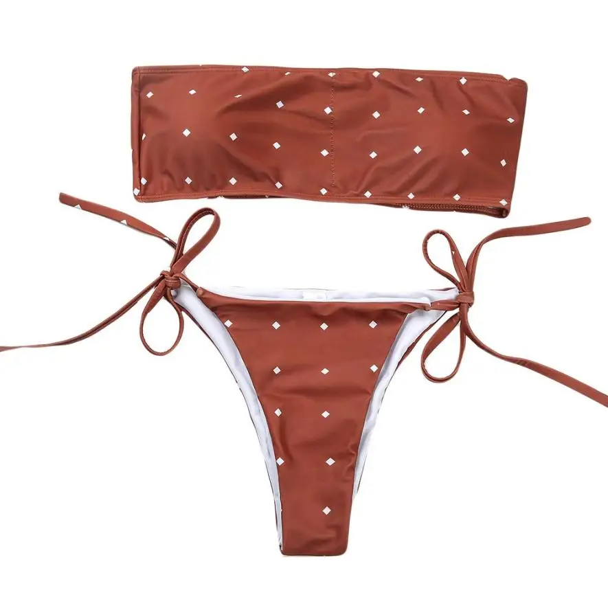 

Brown Coffee Dots Women Bikini Suit Dots String Tie Sexy Thong Swimwear Bandage Strapless Vocation Girl Beach Wearing sale