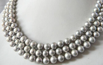 

huij 004907 AA 3Strands 9MM Gray Round Freshwater Pearl Silver Necklace