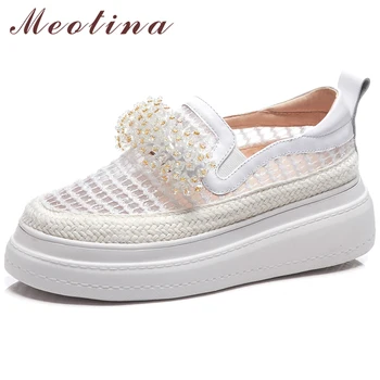 

Meotina Summer Flats Women Shoes Natural Cow Leather String Bead Flat Platform Shoes Mesh Cutout Round Toe Shoes Female Size 39