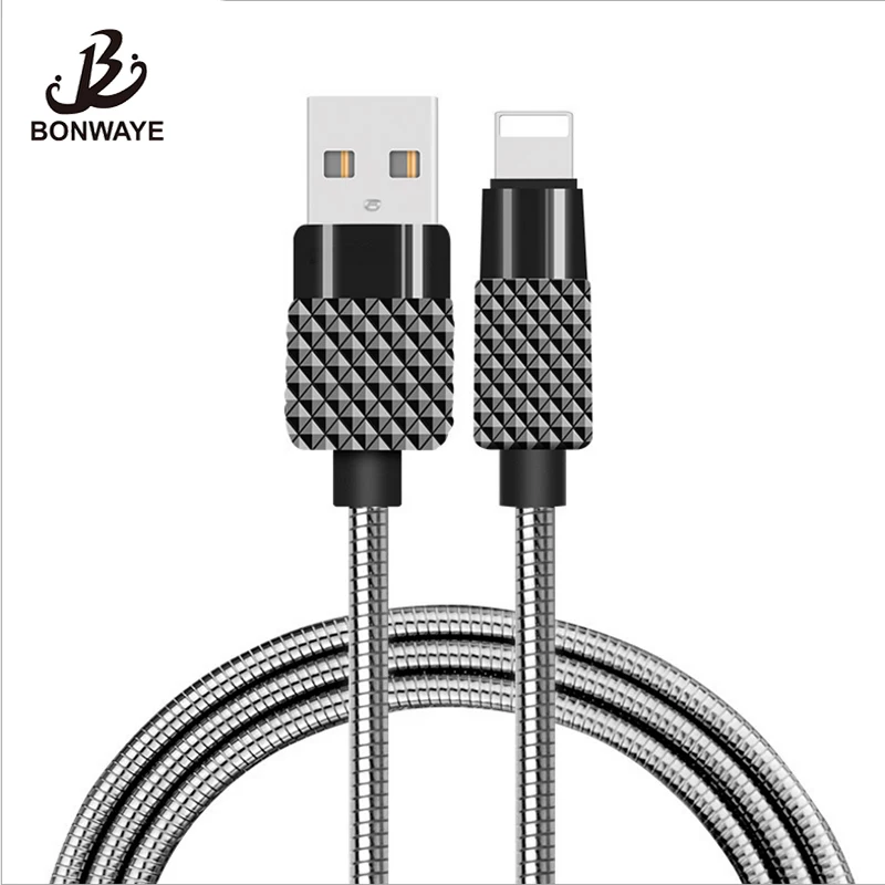 Bonwaye металлический пружинный USB кабель для iPhone X 8 7 6 6s Plus iPad синхронизация данных 2A