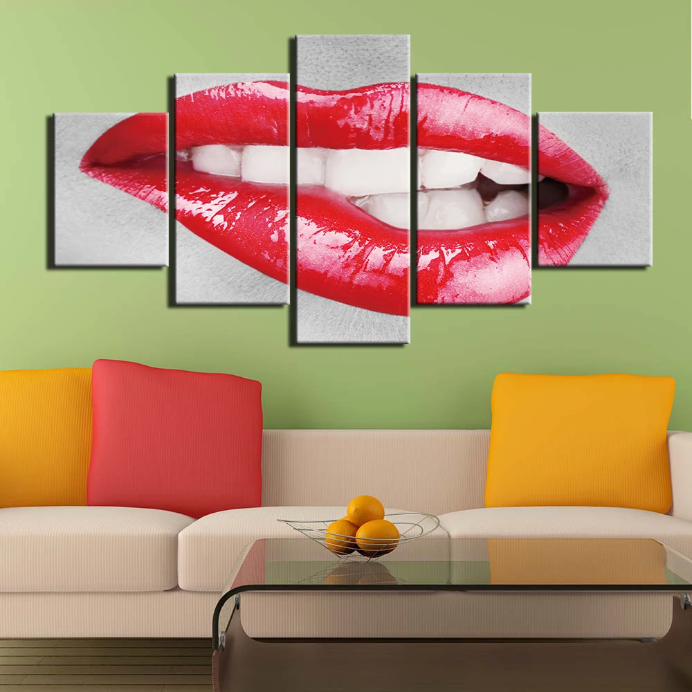 

Modular Wall Painting on Canvas 5 Panels sexy lips mouth Pictures For store Wall Art Prints Modern Poster Canvas Wall Picture