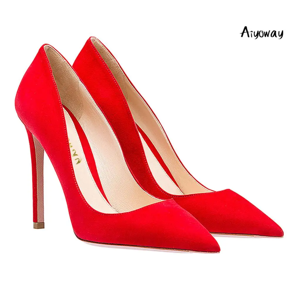 Aiyoway Women Shoes Pointed Toe High Heels Pumps Autumn Spring Party Shoes Slip-On Faux Suede women heels Black Red Brown heels