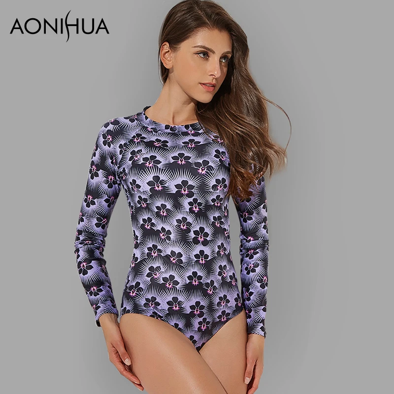 AONIHUA 2018 Ultra Violet One Piece Surfing Swimsuit Women Print Floral Long sleeve Push up Swimwear female Bathing Suit