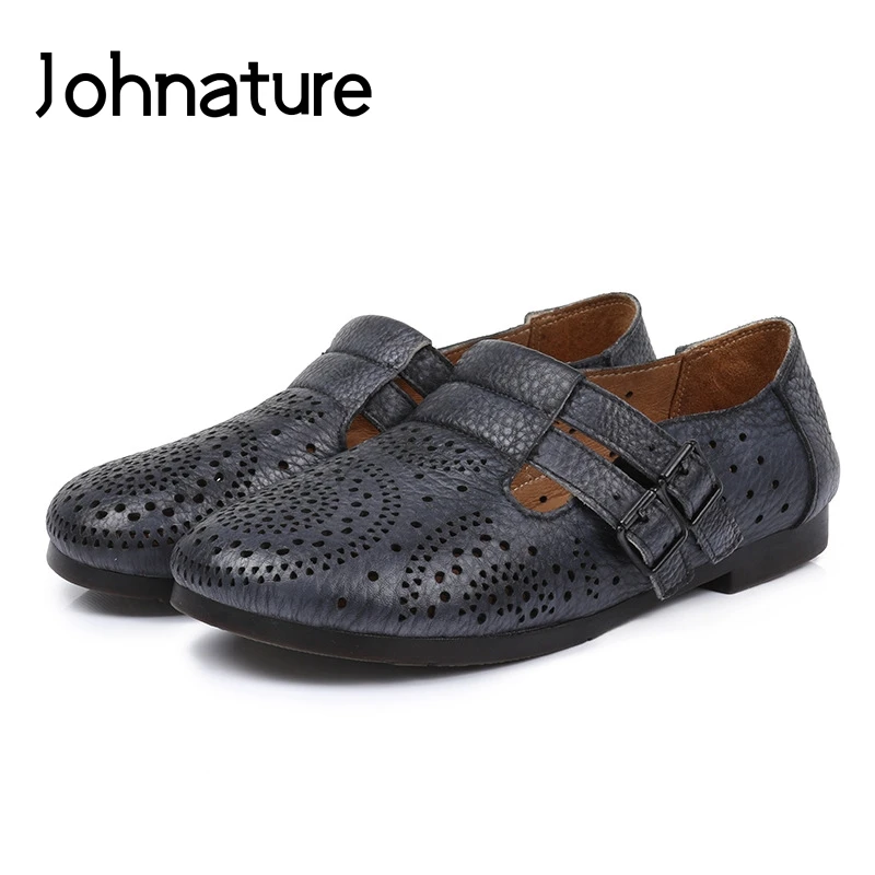

Johnature New 2019 Spring/Autumn Genuine Leather Casual Solid Buckle Strap Round Toe Hollow Shallow Flat Platform Women Shoes
