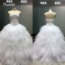 Gorgeous Real Picture Sweetheart White Wedding Dress 2016 Tiered Ball Gown Bridal Gown Tulle Vestido de Novia Lace Up Back FW13