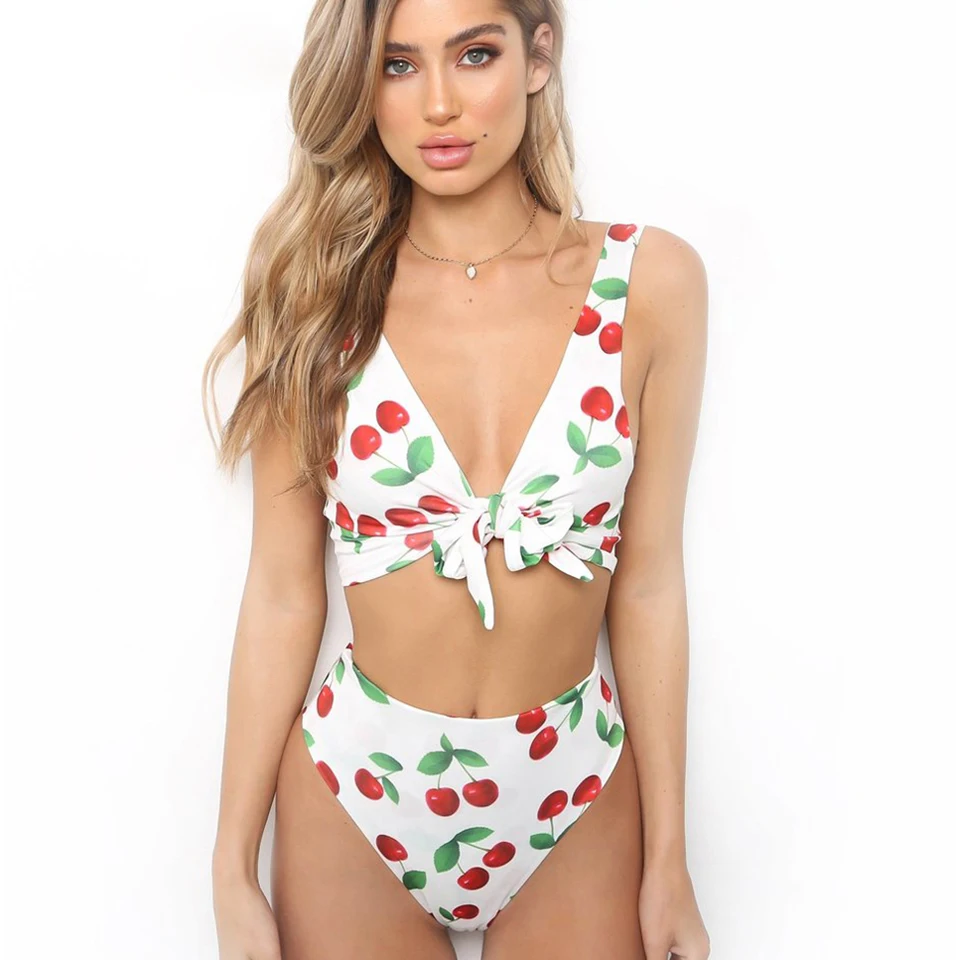 

2018 Hot Knot Brazilian Bikini Set Cherry Print Thong Bikinis Swimwear Women's Swimming Suit Sexy Bathing Suit Swimsuit Maillot