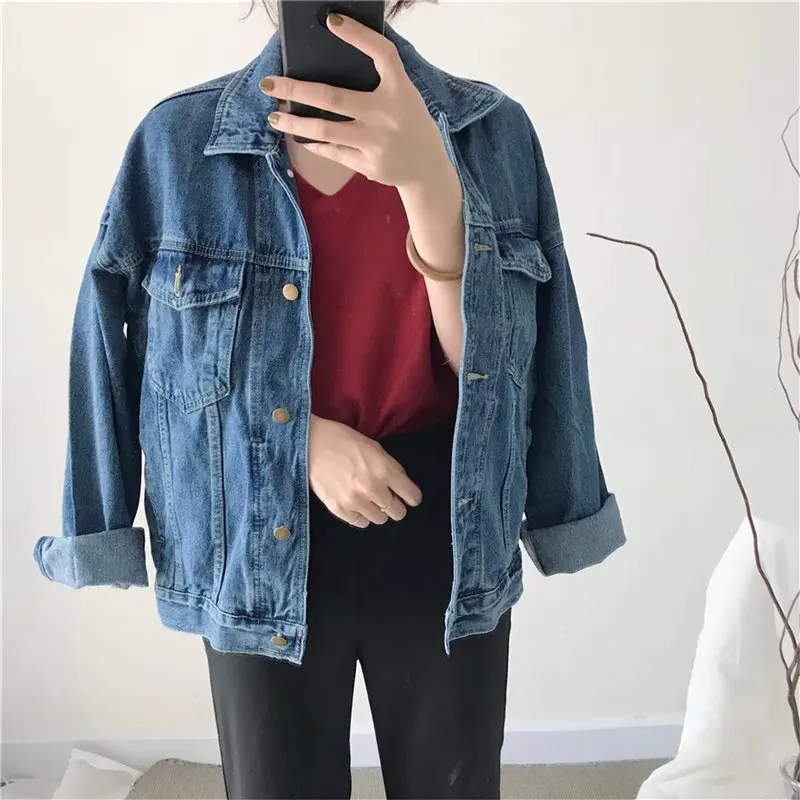 

HziriP Preppy Style 2019 Spring Autumn Casual New Solid Denim Jacket Women Regular Jeans Vintage Jackets Streetwear Loose Coat