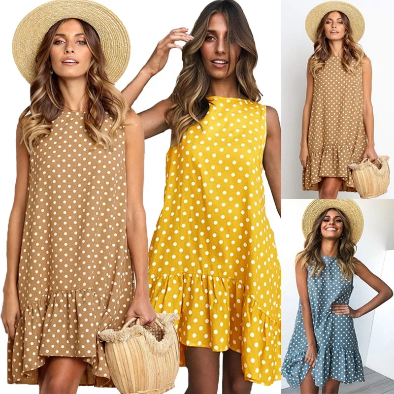 

Sleeveless O-neck Dress 2019 Summer Women Polka Dot Dress Ruffle Hem Casual Loose Mini Dress