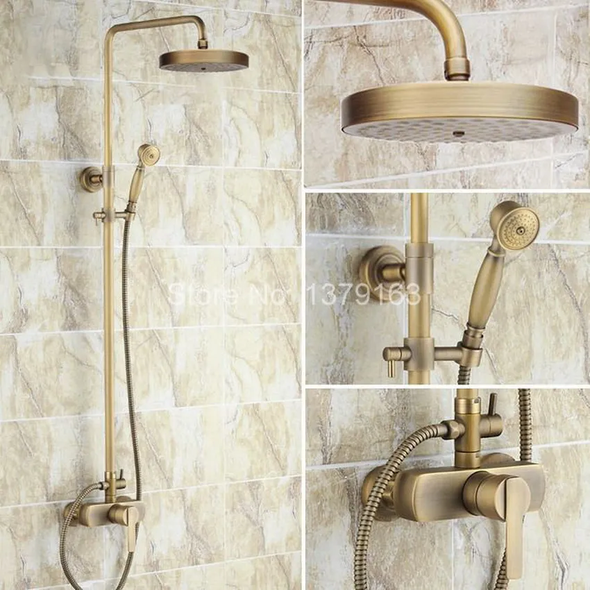 

Bathroom Rain Shower Faucet Set Antique Brass Single Lever Mixer Tap + 7.7" Inch Round Rainfall Shower Head + Handshower ars177