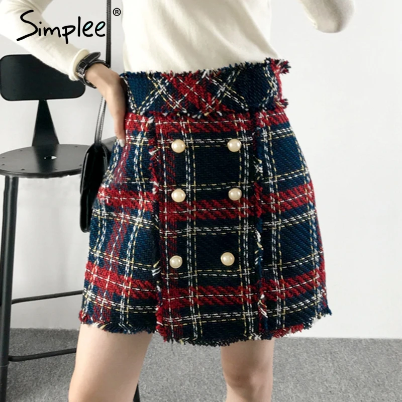 Kaufen Simplee Büro mini plaid frauen rock Hohe taille tweed weihnachten winter schwarz rock 2018 Vintage A line röcke weibliche böden