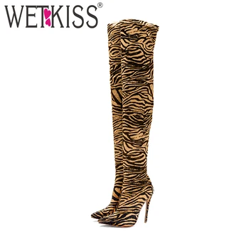 

WETKISS New Super High Heels Women Boots Pointed Toe Leopard Footwear Female Stretch Boot Over The Knee Shoes Woman 2020 Winter