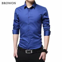 BROWON, Брендовые мужские рубашки, мерсеризованный хлопок, сплошной цвет, приталенная шелковая рубашка с длинным рукавом, гладкие мужские рубашки, большие размеры, S-5XL