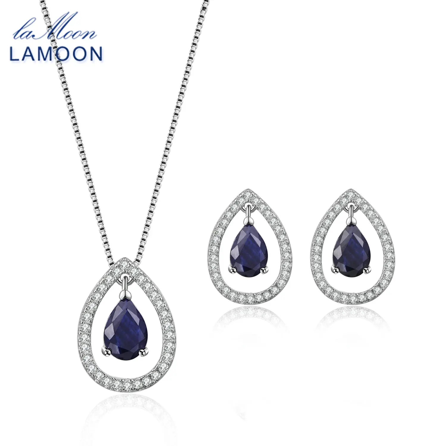 

LAMOON Jewelry Set 925 sterling-silver-jewelry 5mm Waterdrop 100% Real Blue Sapphire Women Jewelry Sets Suspension Sieraden 2017