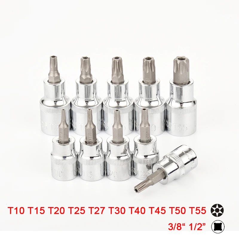

10PC Torx Bit With Hole CR-V Socket 3/8" 1/2" Drive Star Bit Ratchet Wrench Head T8 T10 T15 T20 T25 T27 T30 T40 T45 T50 Sockets