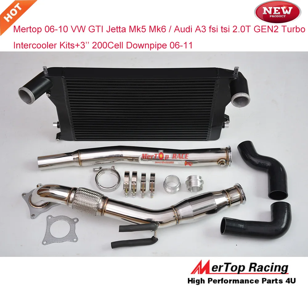 

MERTOP Bar and plate VW GTI Jetta mk5 mk6 / A3 fsi tsi 1.8T 2.0T Intercooler Kit+3'' Downpipe with 200 cell Sport cat 06-10