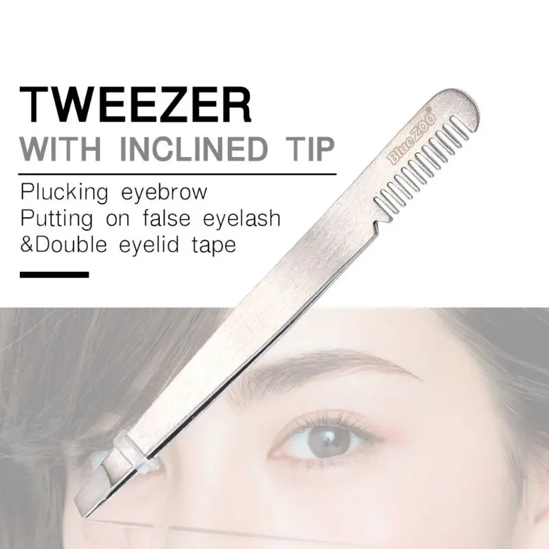 Stainless Steel Slanted Tip Eyebrow Tweezers With Comb False Eyelashes Extension Nipper Double Eyelids Clip Cosmetic Makeup Tool | Красота и