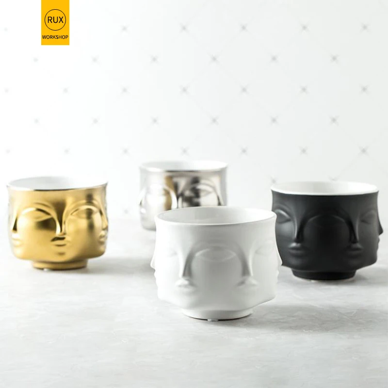 Керамический цветочный горшок, дизайн лица, керамическая ваза, аксессуары для украшения дома, инструменты, Черное золото, белое