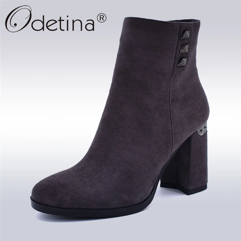 

Odetina Winter Warm Plush Concise Feminine Boots Thick High Heels Zipper Fashion Crystal Button Women Ankle Boots Big Size 36-42
