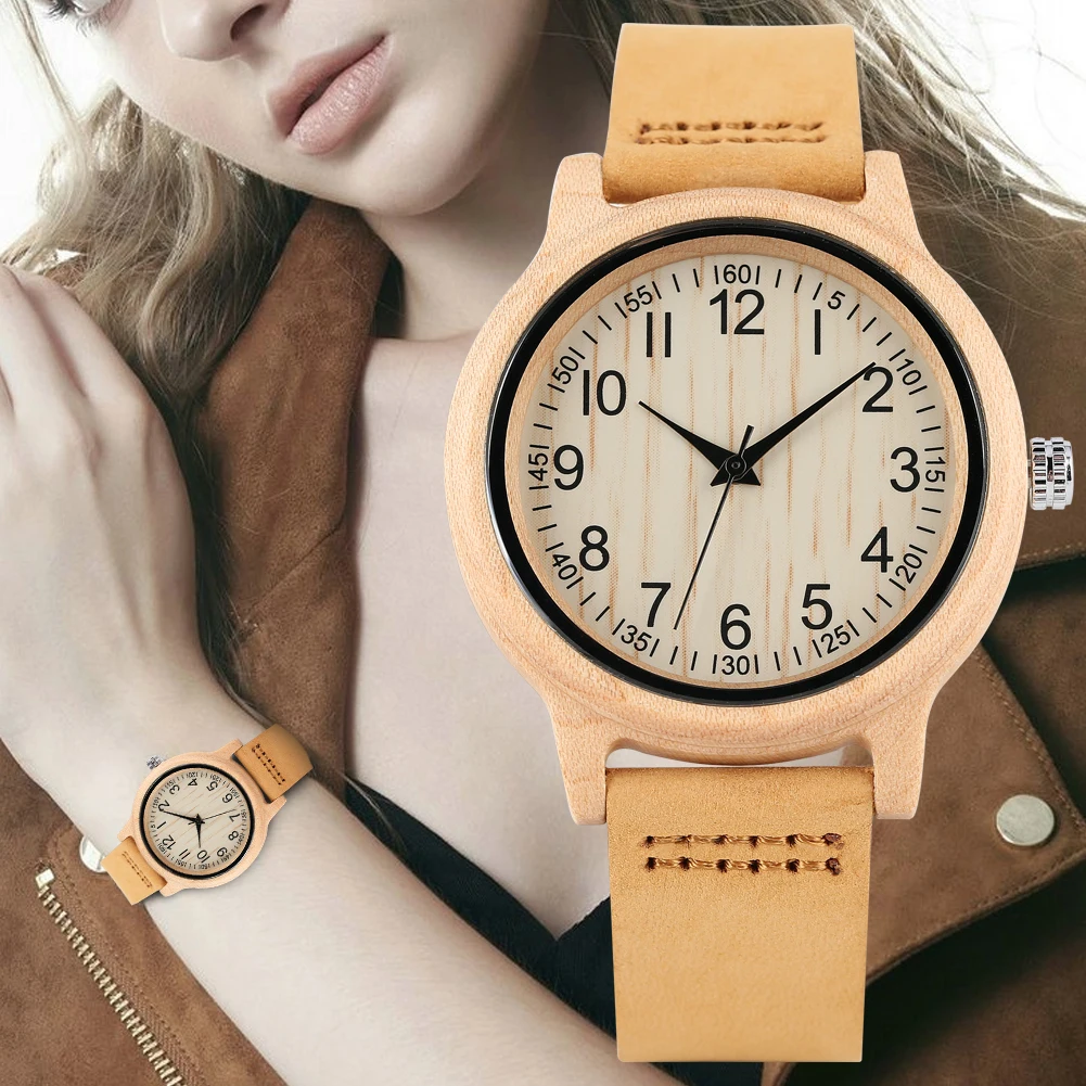 

Women's Wooden Watch Maple Pattern Dial Wristwatch for Lady Lightweight Quartz Wooden Watch Leather Strap
