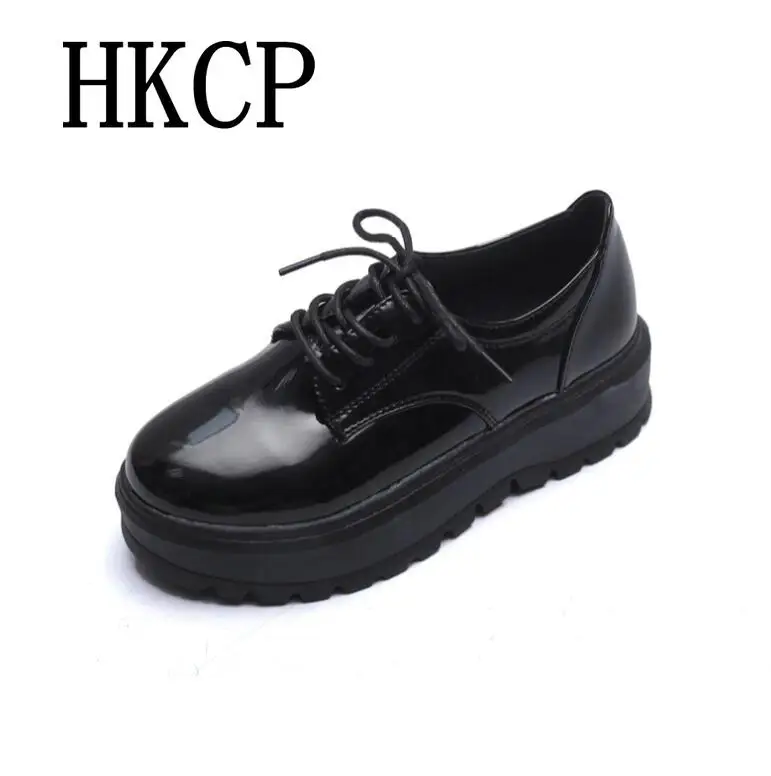 

Women's shoes retro Harajuku patent leather shoes women round head Lace-Up single shoes students flats platform shoes