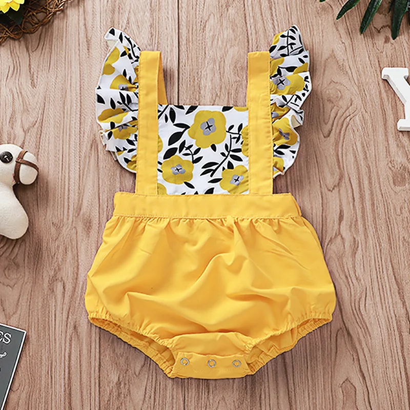 

2019 Newborn Girl Onesie Summer Backless Bubble Baby Girl Flutter Sleeve Bodysuit Yellow Floral Outfit 12 18 Months Girl Clothes