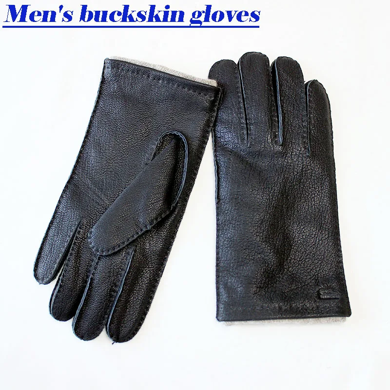 Leather Deerskin Gloves Men's Retro Style Hand-stitched Straight Brown Wool Lining Autumn Warm Finger Gloves