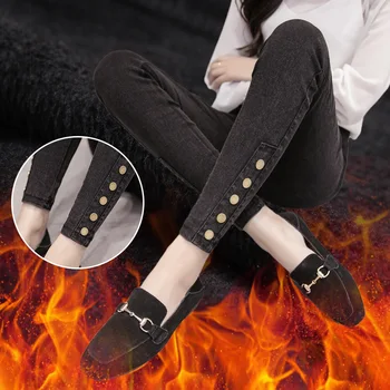 

Women Stretch Black Jeans 2018 Winter Warm Thick Velvet Pants Skinny Jeans with High Waist Button Denim Jeans Plus Size