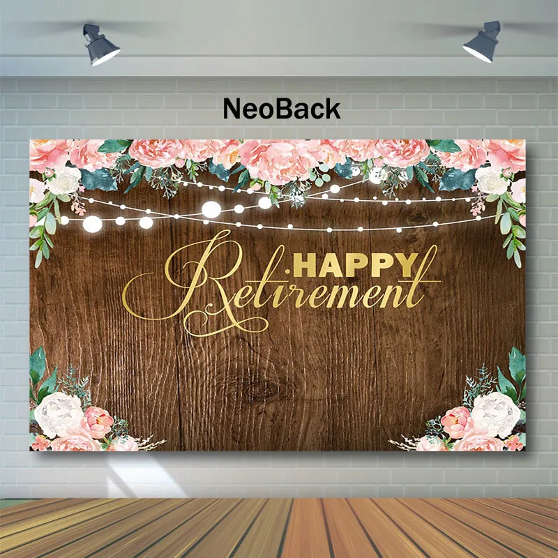 

NeoBack Wood Happy Retirement Photography Backdrops Pink Watercolor Flower String Background for Photo Retirement Party Backdrop