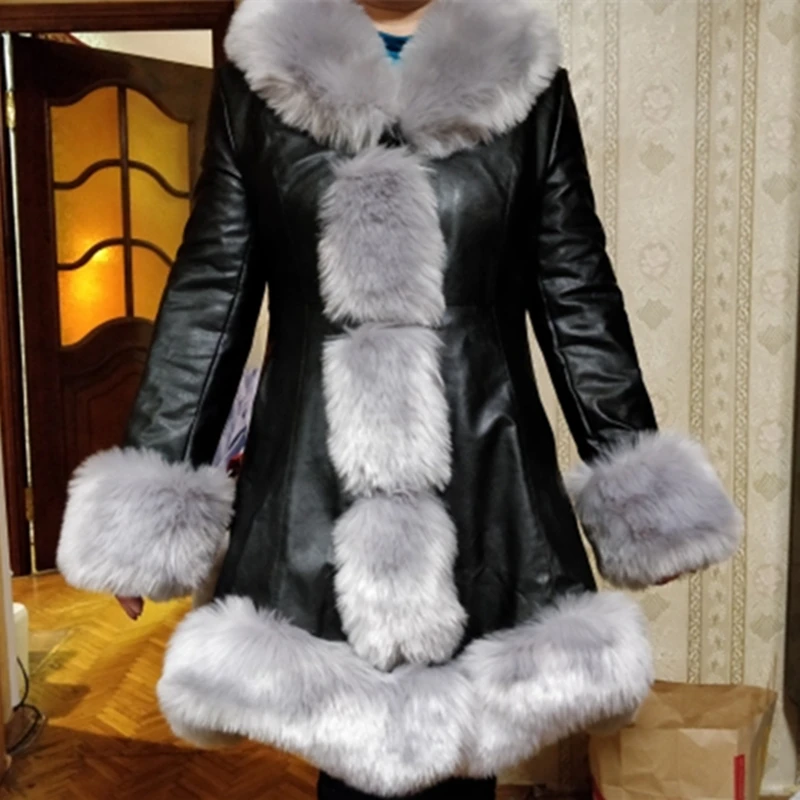 Latest Winter Female Sheepskin Coats High Quality Faux Fur Pure Color Fox Collars Snap Fastener Furs Big Yards Slim PC001