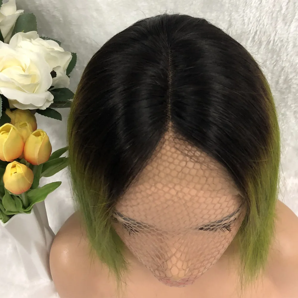 Омбре с темными корнями 1B/Green Remy 150% человеческие волосы на кружеве парики цветной