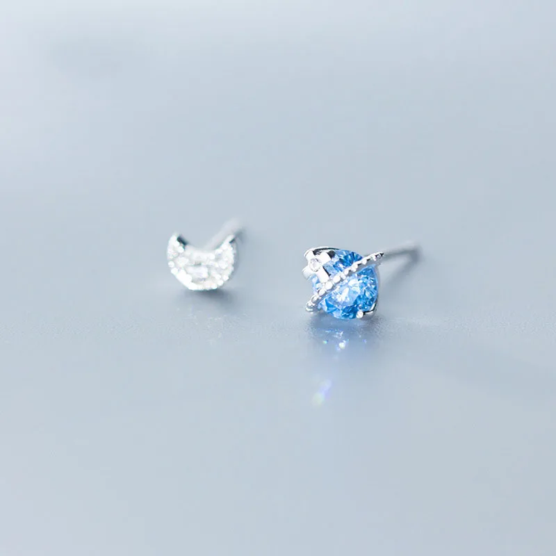 

Asymmetric CZ Blue Planet Moon 925 Sterling Silver Studs Earrings