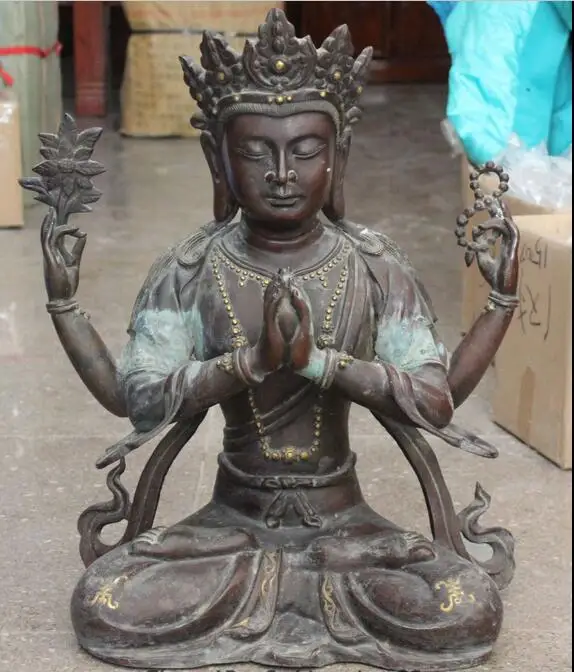 

free 20" Old Purple Bronze 4 Arms Chenrezig Buddha Avalokiteshvara Statue fast