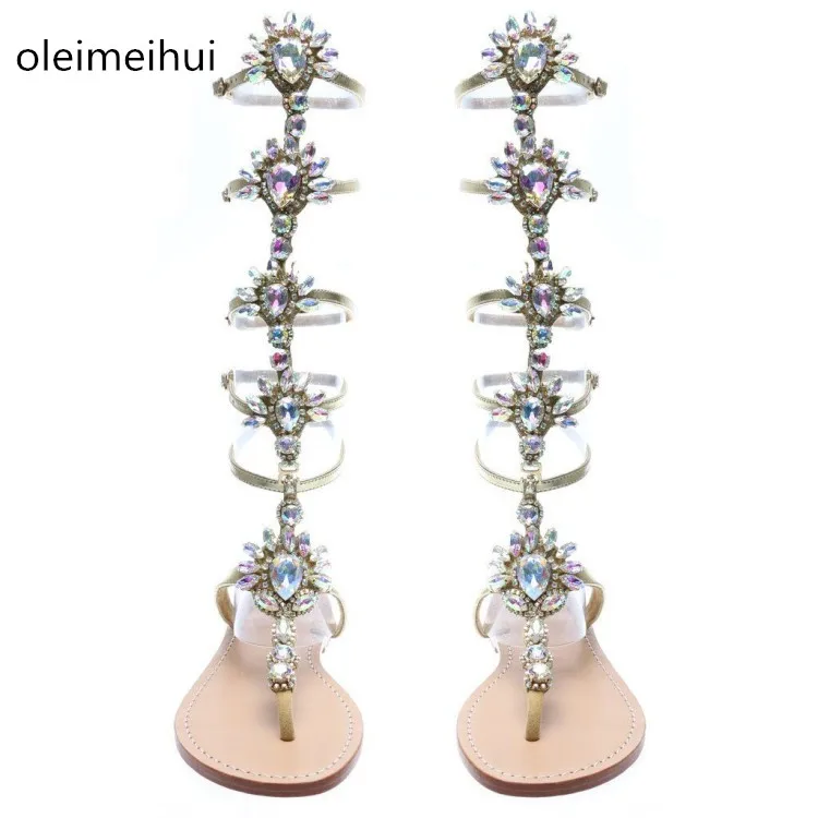 Luxury Rhinestone Flat Gladiator Sandals Bohemia Style Crystal Clip-toe Summer Strap Sandal Boots Sexy Lady Shoes Large size 47 women luxury style mixed colors rhinestone flat sandals clip toe beautiful crystal bohemia flat sandals strap buckles sandals