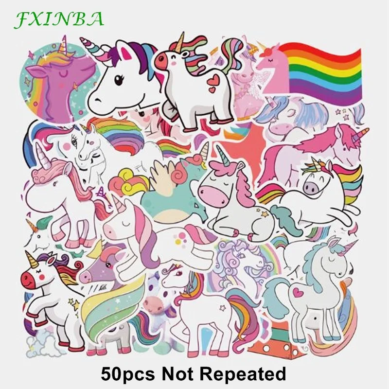 

FXINBA 50Pcs/Pack Cartoon PVC Reusable Unicorn Stickers Waterproof Notebook Skateboard Laptop Stickers For Kids Toys