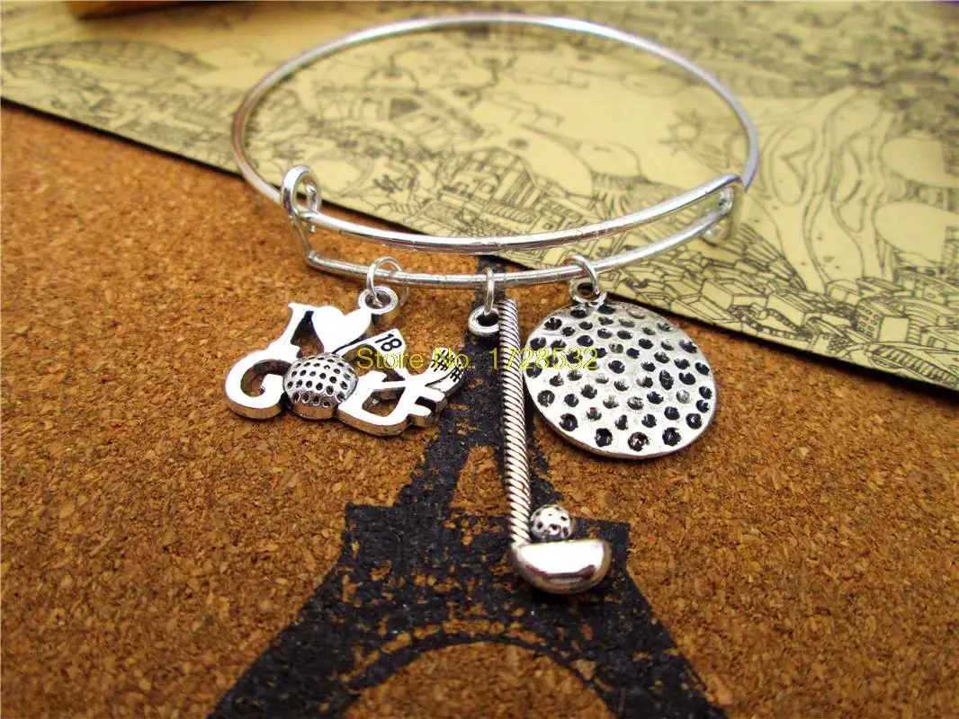 12pcs/lot Hot sale 65mm bracelets sports  bangles with  I love golf ,Golf club,golf charms bangles
