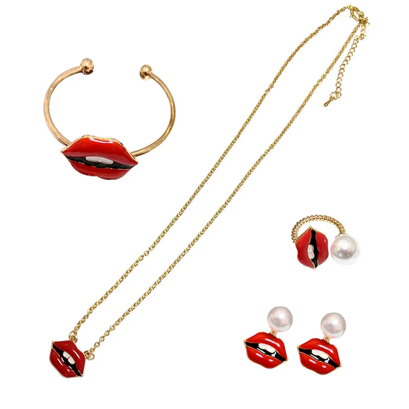 cute romantic red mouth and pearl jewelry sets neaklace ring earing and