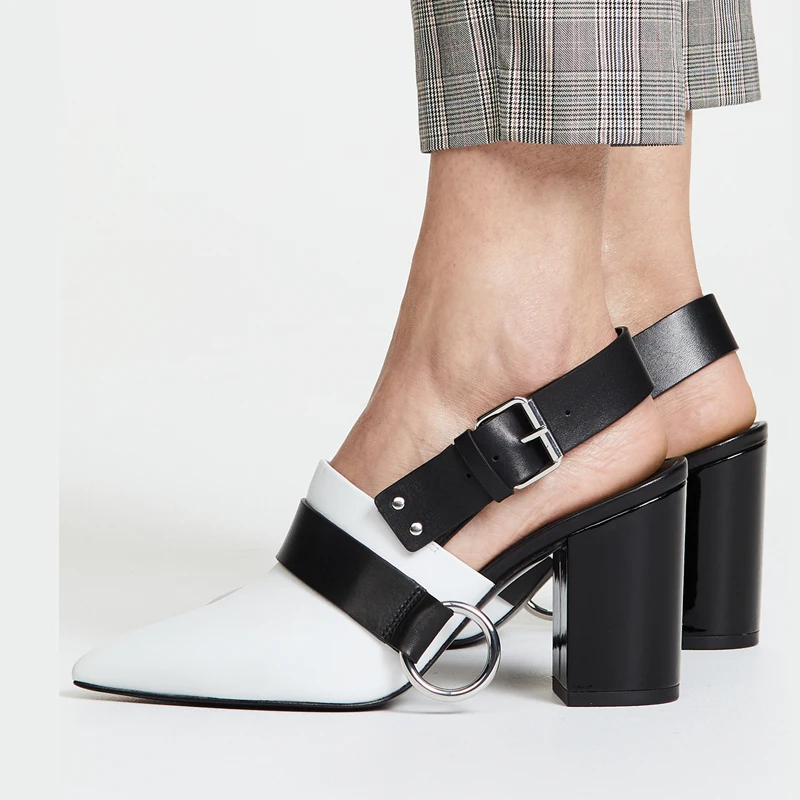 

Women Cow Leather Sandals Pointed toe Thick High Heels Buckle Strap Platform Pumps Shoes Gladiator Sandals Sandalia Feminina