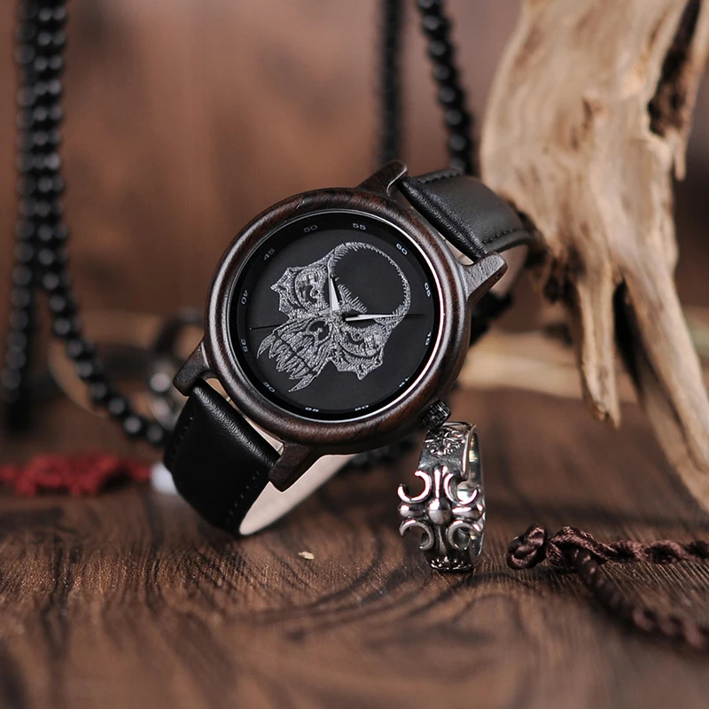 BOBO BIRD WP24 Simple Bamboo Watch for Men Women Cool Skull Design on Glasses Quartz Wristwatch
