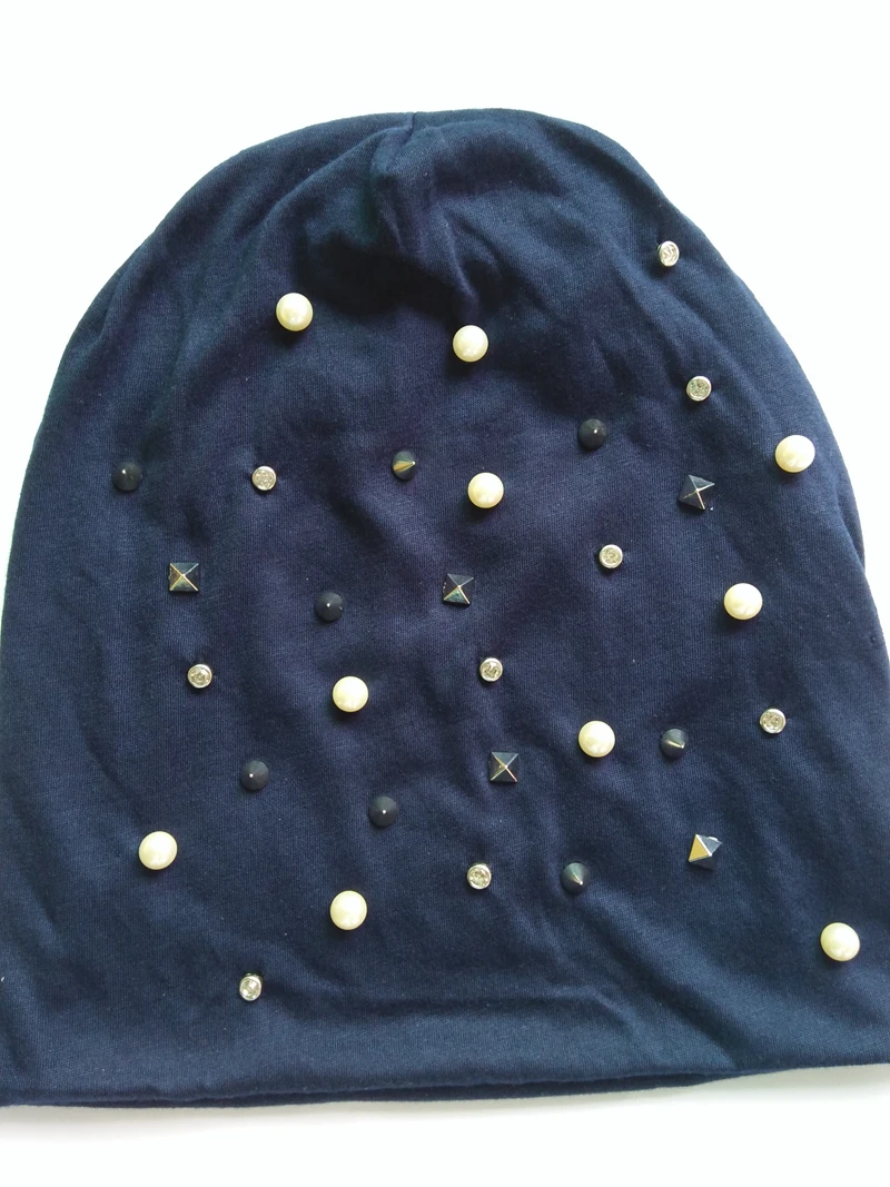B 17919 Fashion 100 cotton good stretchy colors pearl and crystal beanies metalIC punk spike RIVET