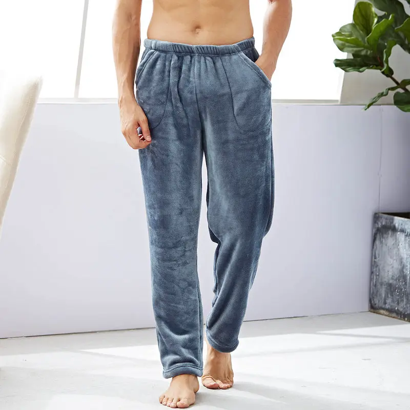 

New Winter Flannel Print Mens Sleep Bottoms Stripe Thicken Warm Men Pajamas Pants Loose Solid Simple Sleepwear Trousers MA50195