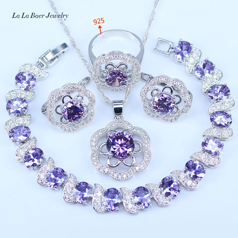 

L&B Romantic Christmas Gift For Lovers Purple Crystal White Zirconia Silver Color 925 Logo Jewelry Sets Health Bracelets Sets