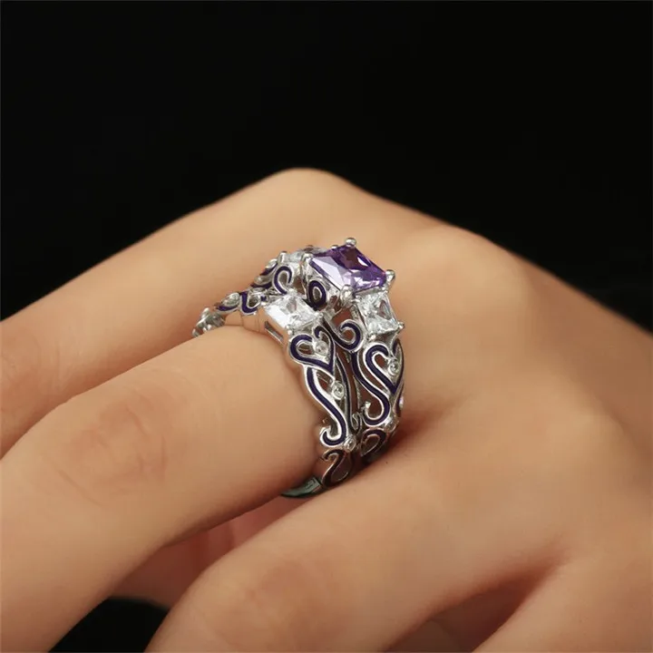 Square Crystal Engagement Wedding Ring for Women PurpleRed Gems Enamel Sets Ring for Anniversary Party Jewelry