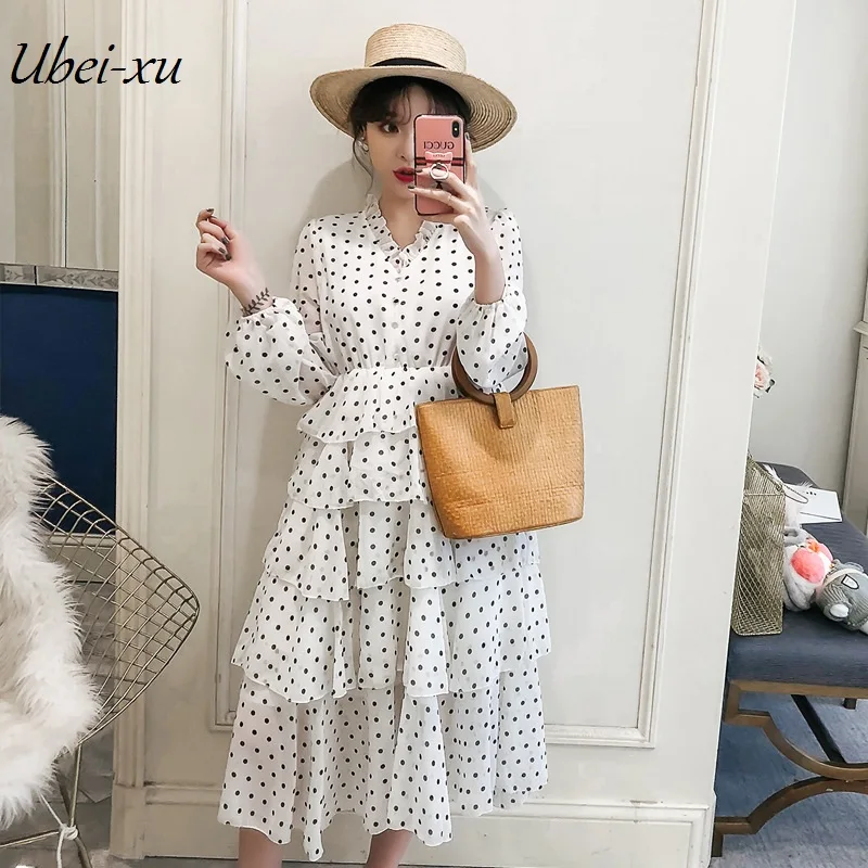 Ubei2019 весна большой sizeXL-5XL Платье Нежный точка V-воротник торт платье с длинным