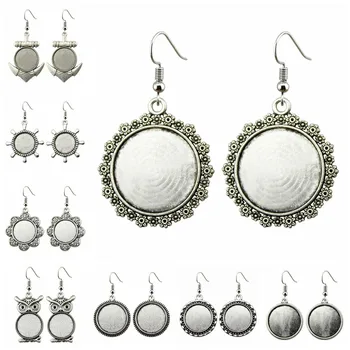 

5 Pairs Fit 20mm Round Shape Glass Cabochon Silver Color Zinc Alloy Dangle Earrings Hooks Cabochon Base Setting