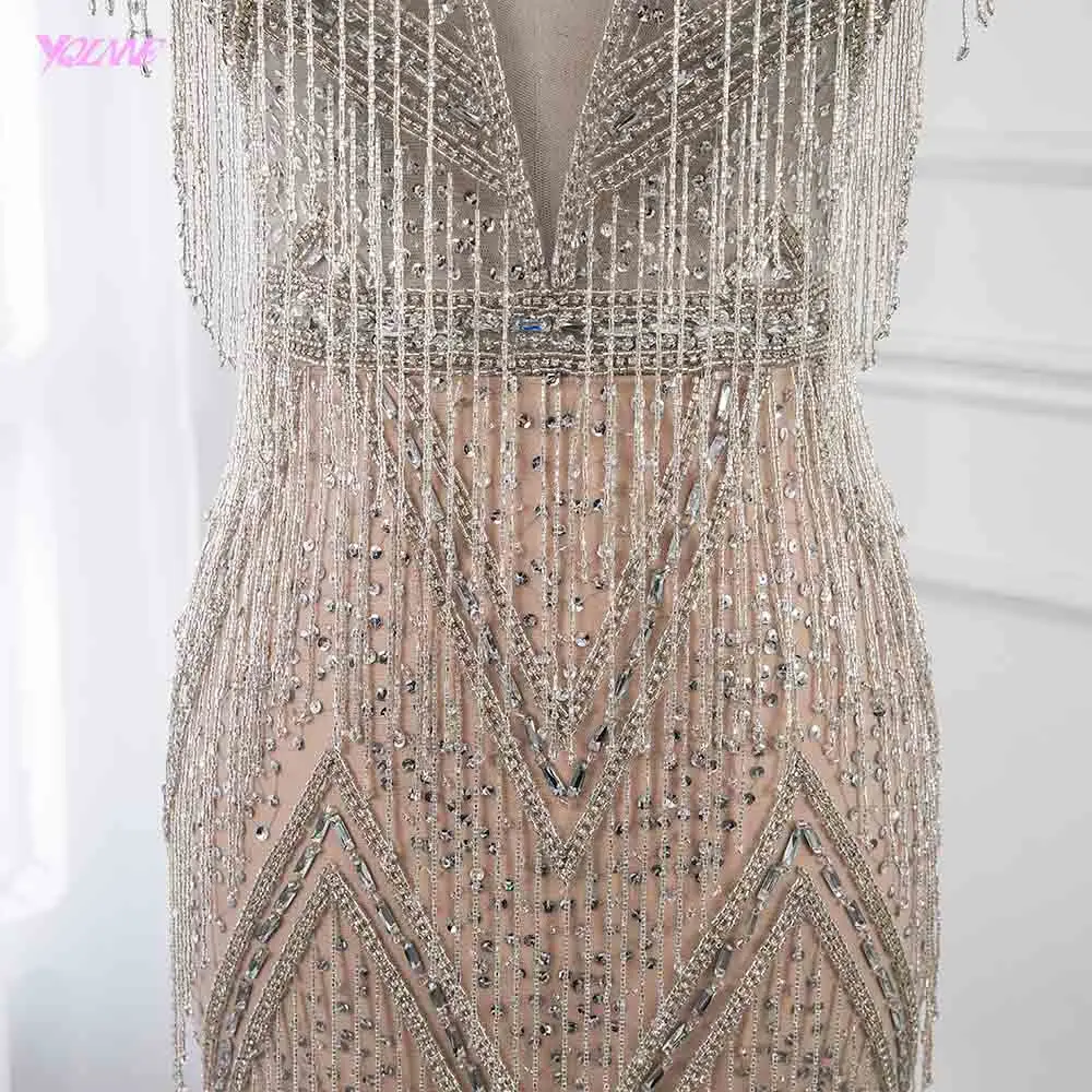 YQLNNE Luxury Robe De Soiree 2019 Silver Rhinestones Evening Dresses Long Deep V Neck Pendant Mermaid Formal Evening Gown YQLNNE Luxury Robe De Soiree 2019 Silver Rhinestones Evening Dresses Long Deep V Neck Pendant Mermaid Formal Evening Gown