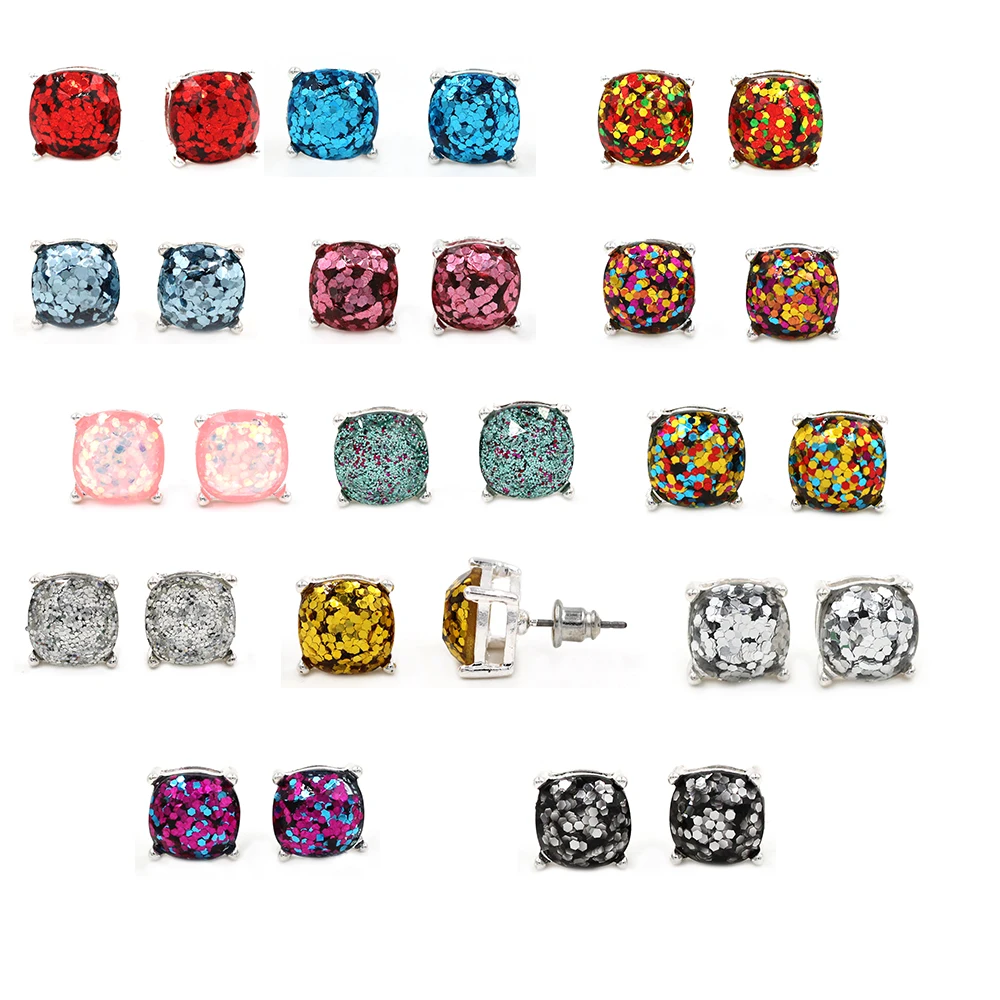 

Silver shinny Square Glitter Stud Earrings various color Cute Stud Earrings for Women