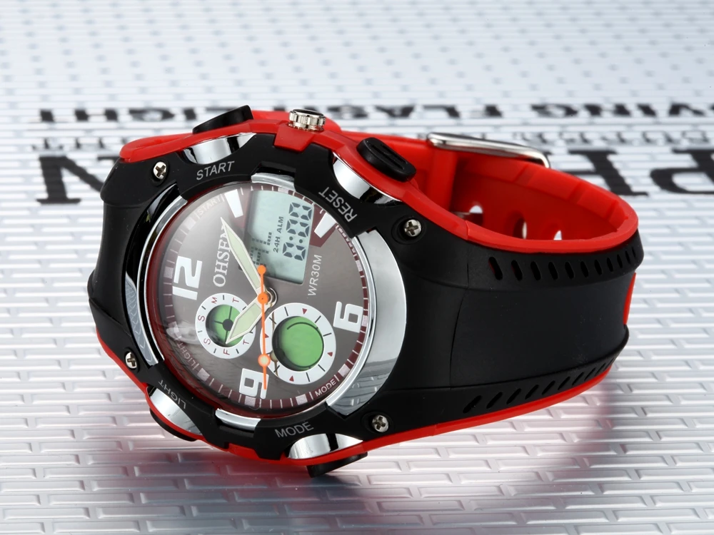 Оригинальные Цифровые кварцевые спортивные уличные Часы OHSEN для мальчиков, наручные часы с силиконовым ремешком красного цвета, модные водонепроницаемые часы 30 м