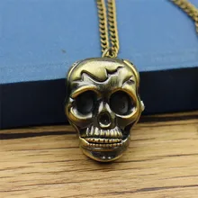 Vintage Bronze Steampunk Hollow Skull Head Horror Quartz Pocket Watch with Chain for Girls and Women men Necklace watch